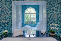 Blue Mosaic Tile Bathroom with Arched Garden Window Photography | Jupiter, FL