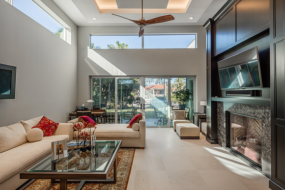 Modern Living Room with Fireplace Interior Photography | Jupiter, FL