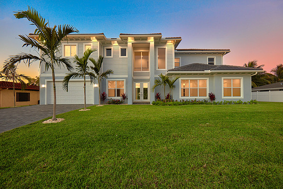 Twilight Front Exterior of Two-Story Home Photography | Jupiter, FL