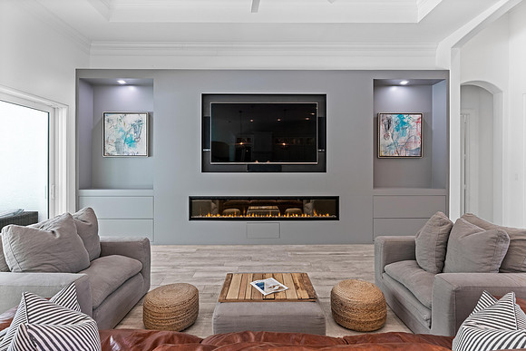 Cozy Living Room Interior with Fireplace and TV Wall Photography | Jupiter, FL