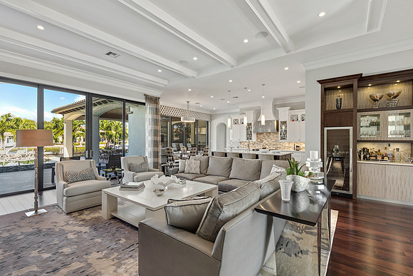 Great Room Living Room with Coffered Ceiling and Wine Display Photography | Jupiter, FL