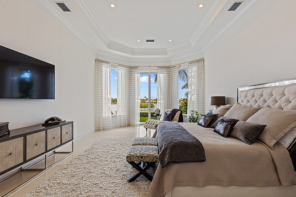 Elegant Bedroom with Tufted Headboard and Tray Ceiling Photography | Jupiter, FL