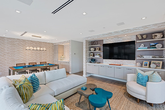 Coastal Themed Family Room with Built-In Media Wall Photography | Jupiter, FL