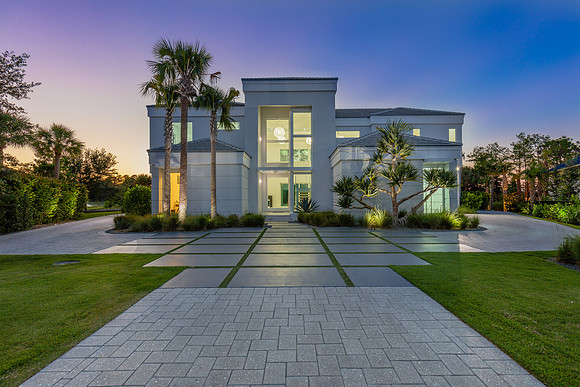 Twilight Front Exterior Photography of Modern Coastal Mansion | Jupiter, FL
