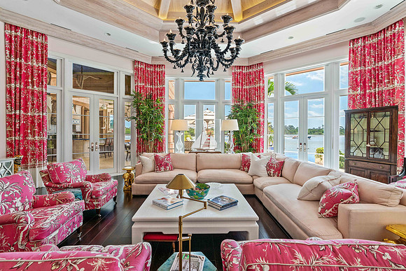 Traditional Living Room Interior with Chandelier and Water View Photography | Jupiter, FL