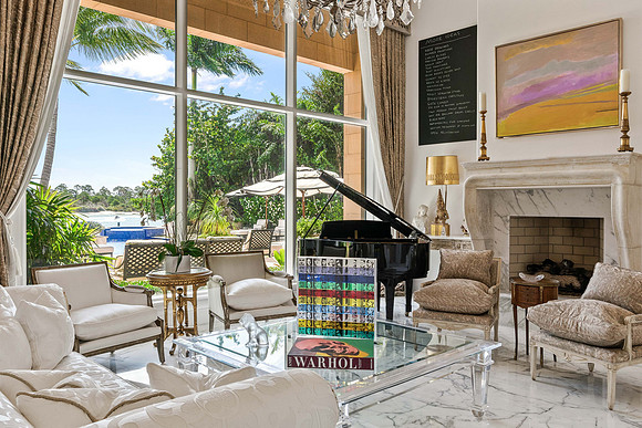 Elegant Living Room with Grand Piano and Water View Photography | Jupiter, FL