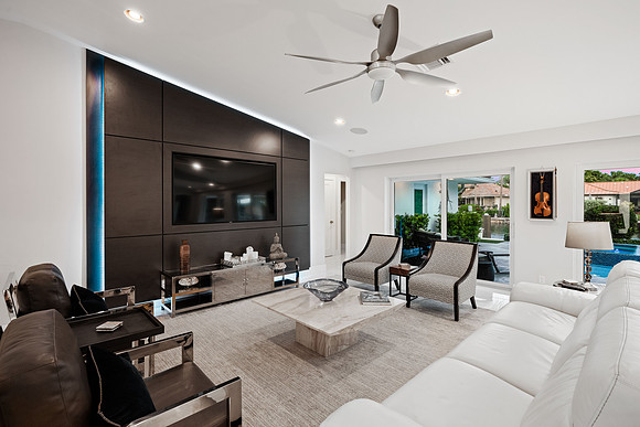 Contemporary Living Room Interior with Media Wall Photography | Jupiter, FL