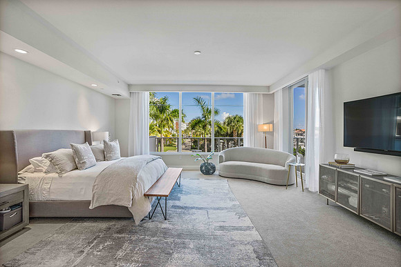 Bright Primary Bedroom Interior with Palm Tree View Photography | Jupiter, FL