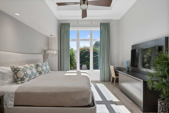 Bedroom Interior Photography with Sliding Glass Doors to Lanai | Jupiter, FL
