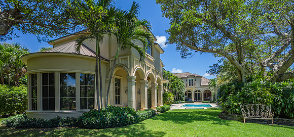 Mediterranean Estate Side Exterior with Tropical Landscaping Photography | Jupiter, FL