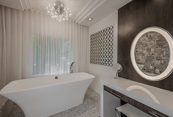 Spa-Style Bathroom with Mosaic Mirror and Chandelier Photography | Jupiter, FL
