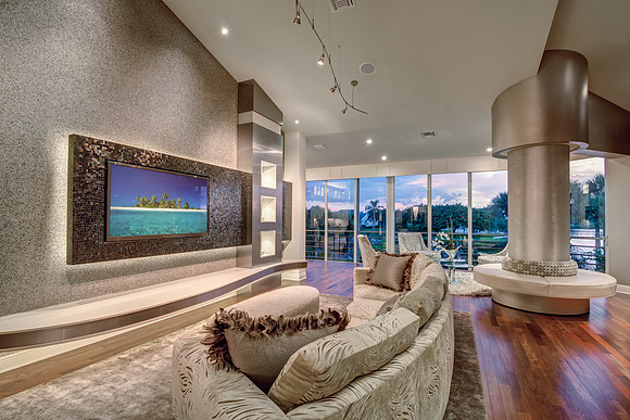 Modern Condo Living Room with Stone Accent Wall Photography | Jupiter, FL