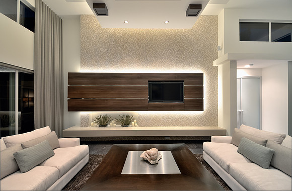 Modern Living Room with Wood Accent Wall and Symmetrical Seating Photography | Jupiter, FL