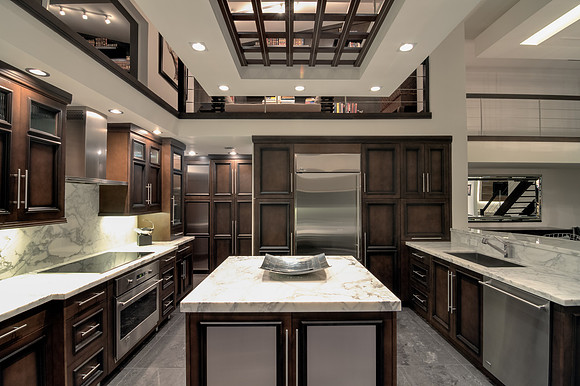 Dark Wood Kitchen with Coffered Ceiling and Marble Island Photography | Jupiter, FL